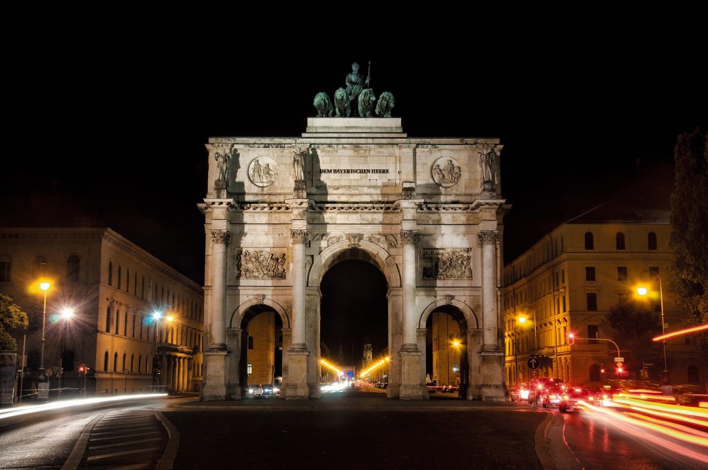 What the Champs Elysees and the arc de triumph is for the people in Paris is the Ludwigstrasse and the victory gate for the people in munich. (Pretty likely it was also copied from Paris). I worked there at this place during my study times and it was all the time nice for me to cross the street exactly at this point day and night ;-)