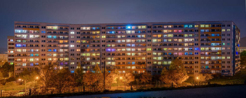 From Jena with love. Thank to Gianfranco Walsh for inviting me to Jena. Had a good time. The buildings in Jena might be not the nicest, but at night they transform into colourful gigantic cubes. Check out the details of the photo (100Meg). You can look into every window. (@ Jena-Lobeda)